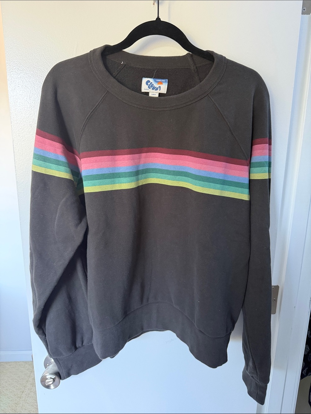 Marine Layer Black Crewneck with Rainbow Chest Stripes